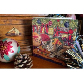 A Rare Breed Cat Christmas Card - 'The Christmas Jumper' UK Made Xmas Scene with a Tabby and Knitting. Seasonal Greeting Cards Printed Inside. Recyclable.