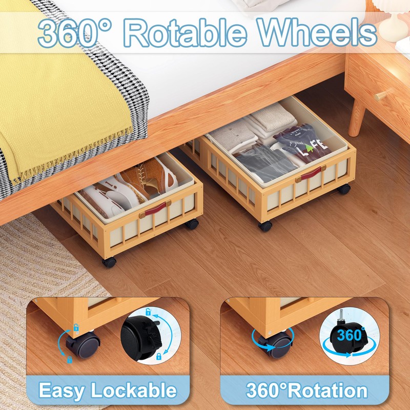 efluky 2-Pack Bamboo Under Bed Storage Containers with Wheels, Under