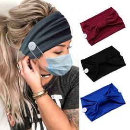 Zoestar Wide Button Headbands Black Yoga Knotted Head Wraps Ear Protection Holder Non slip Head Scarfs Elastic Turban Hair Bands for Women and Girls(Pack of 3)