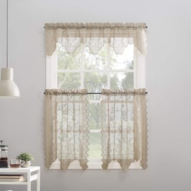 No. 918 Alison-Tr Floral Lace Sheer Rod Pocket Kitchen Curtain Tier Pair, 58" x 36", Stone