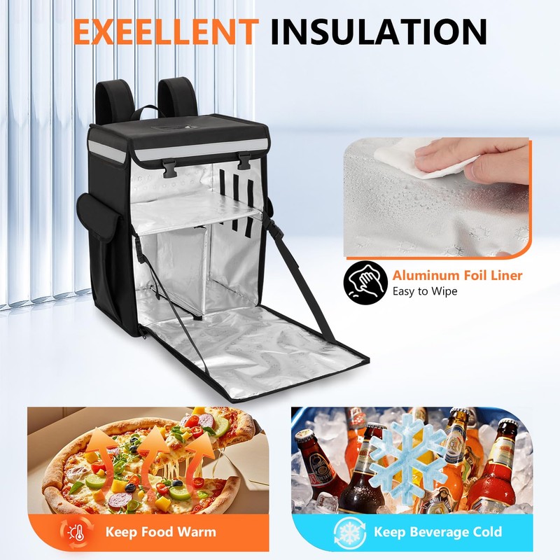 Insulated Food Delivery Backpack, Insulated Bag with Removable Divider, Reflective