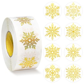 Lesnala 1000Pcs Gold foil Snowflake Stickers roll Snowflake Christmas Sticker Clear Holographic Snowflake Stickers Round Self Adhesive Labels Stickers for Xmas Winter Envelopes Gifts Decor-8 Styles