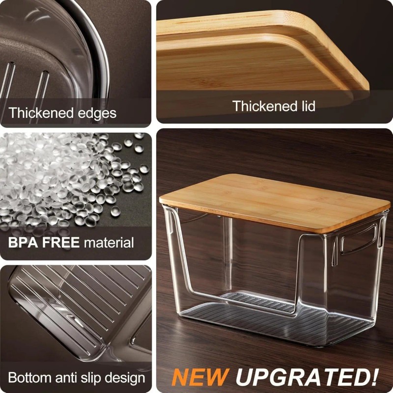 2 Pack Bamboo Lid Large Capacity Clear Storage Bins Pantry