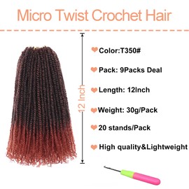 Mscat 12 Inch 9 Packs Micro Twist Crochet Hair Bob Crochet Braids Pre Looped Ombre Red Mini Passion Twist Mini Senegalese Twist Crochet Hair Micro Braids Crochet Hair Extensions T350#