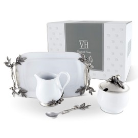 Vagabond House Stoneware Creamer Set - Pewter Blueberry 5 Pieces - cream pitcher, lidded sugar bowl, decorative handle sugar spoon and tray for Coffee and Tea 12.25 inch Long Tray