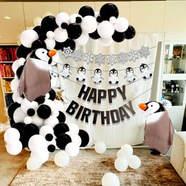 JeVenis Penguin Birthday Banner Decor Winter Onederland Penguin Birthday Party Decoration Balloons Snowflake Balloons for Winter Birthday