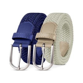 YOUCHAN Pack of 2 belts for men and women, elastic braided belt, 3.3 cm, stretch belt with adjustable, stretchy fabric belt, unisex, Blue and beige, 110