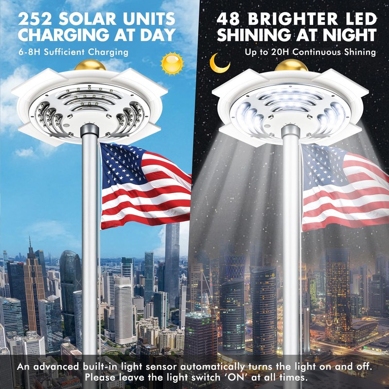 13.6" Solar Flag Pole Light, 3000Lm Light with 6000mAh Battery,