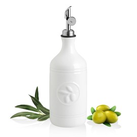 Sweejar 16 Oz Ceramic Olive Oil Dispenser Bottle, Oil Dispenser for Kitchen with Gravity Spout, Relief Opaque Oil Container for Evoo, Avocado Oil, Vinegar, Soy Sauce, 1 Pack(White, Silver Spout)