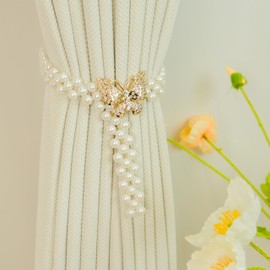 NICOLA Curtain Tiebacks, 2PCS Butterfly Curtain Holdbacks with Small Pearl Wlasticated Cords for Home Office Living Room Drapes (Gold)