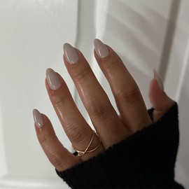 Greige Press On Nails Short Oval,KQueenest Thick Acrylic Nails Press Ons,Short Almond Nails Glue on,Natural Round Fake Nails,One Color Gel Stick On Nails Set For Tiny Average Wide Nail Beds