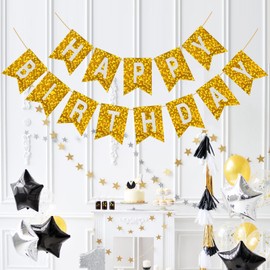 JHZMCRX Glitter Happy Birthday Banner Sign Wall Door Banners for Women Men Boys Girls Birthday Party Backdrop Garland Decorations, Letters Name Banners Flag Decors Shiny Gold