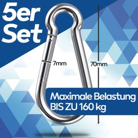 GARSIDURO® Carabiner Hooks, Set of 5, 7 x 70 mm, Galvanised Steel, DIN 5299, Fire Brigade Carabiner with Snap Closure, Suitable as Key Ring or Heavy Duty Carabiner for Caravans