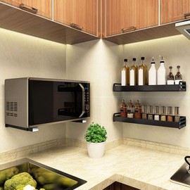 Eeghurt 304 Stainless Steel Sturdy Microwave Shelf Bracket Wall Mount Kit Foldable Stretch Wall Mounted Rack Shelf Oven Stand Shelf Rack 2Piece with Screws, 200X220mm 8X8.5Inch, Black