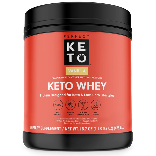 Perfect Keto Pure Whey Protein Powder Isolate Delicious 100% Grass Fed Meal Replacement Shake No Artificials, Gluten Free, Soy Free, Non-GMO (Vanilla)