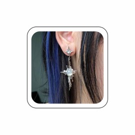 Wendalern Boho Star Cross Earrings Moonstone Butterfly Tassel Dangle Earrings Silver Northstar Stud Earrings Irregular Lava Cross Statement Earrings Y2k Jewellery for Women, Zinc