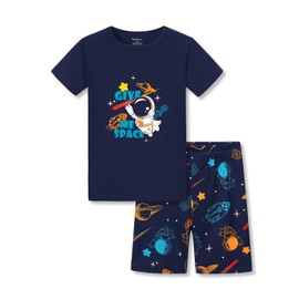 Beezizac Boys Pajamas Navy Blue Astronaut 2-Piece Snug-fit Short Sleeve PJ Set Kid Cozy Sleepwear Children Size 10