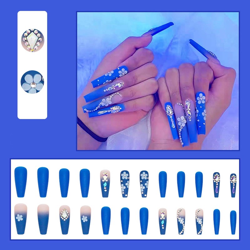 Rchovsam Long Coffin Press on Nails Dark Blue Matte Fake