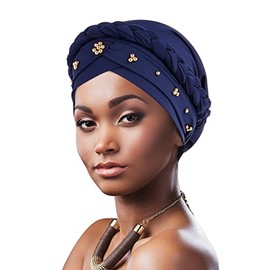 DRESHOW African Women's Turban Braid Headwear Headscarves Chemo Cap Pre-Tied Beanie Hat Head Wrap Sleep Hat, 1 x twisted braid: navy with beads 66-06