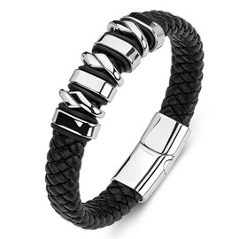 Panifio Men's Black Leather Bracelet Wristband with Stainless Steel Cuff Bangle Bracelets, Leather, no gemstone