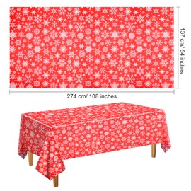 PLULON 2Pcs Christmas Tablecloths Snowflakes Table Cover Plastic 137 x 274cm Rectangle Red Table Cloth for Christmas Party Winter Holiday Home Table Decorations Xmas Party Supplies