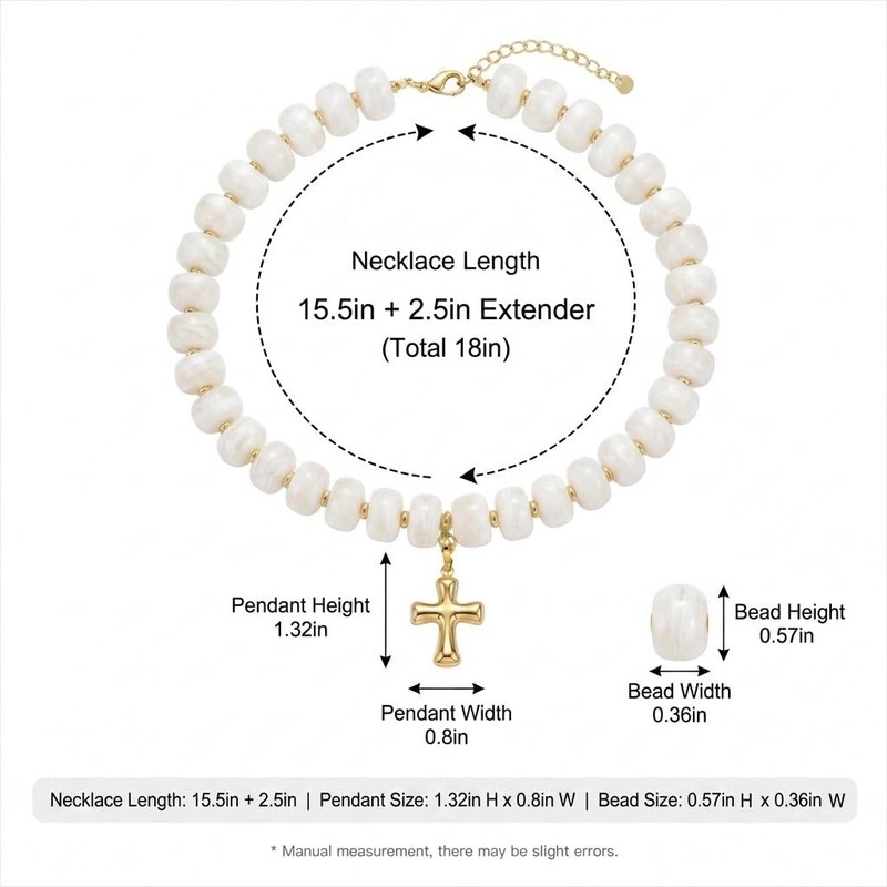 Frigotine Chunky Cross Necklace for Women, White Beaded Boho Summer