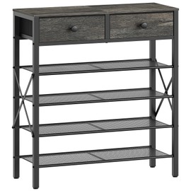 YATINEY 5 Tier Shoe Rack, Large Capacity Shoe Storage Organizer, Metal Shoe Shelf with Drawer and Wooden Top, for 20 Pairs of Shoes, for Entryway, Closet, Charcoal and Black SS25BCY1