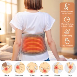 Electric Heating Pad, Wireless Lumbar Heating Belt, 9 Heat Settings, 4 Timer Settings, Back Heating Pad Machine Washable from 40 C to 60 C, 125 x 30 cm, Grey