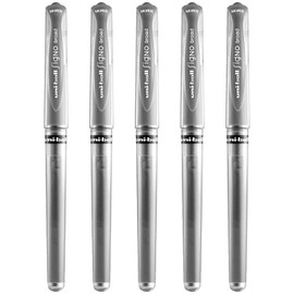 uni-ball Signo Pen Broad Metallic Gel Ink Rollerball - Metal 1mm Tip Nib 0.65mm Line Width With Rubber Grip - UM-153 - (Pack Of 5) - Silver