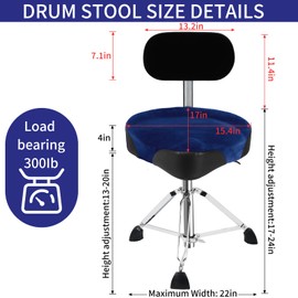 AKLOT Saddle Drum Throne with Backrest, Hydraulic Drum Throne, Heavy Duty Drum Seat, Height Adjustable Suede Drum Chair, Motorcycle Style Drum Stool for Adults Drummers Dark Blue