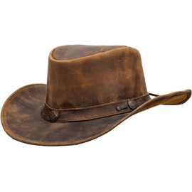 Outback Trading Men's 13006 Unisex Cheyenne UPF 50 Wire-Brimmed Western-Style Leather Hat with Chin Cord, Brown, Small