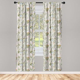 Ambesonne Floral Window Curtains Pack of 2, Vintage Garden Plants Herbs Flowers Botanical Classic Design Art, Lightweight Set with Rod Pocket, 4 Panels of - 28" x 63", Mustard Green