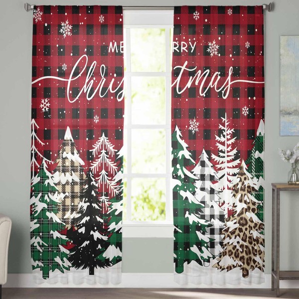 Merry Christmas Window Curtains for Living Room,Buffalo Plaid Leopard Xmas