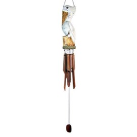 Distressed White Pelican on a Perch Windchime, Wooden Chimes, Outdoor Garden Décor, Coastal Theme, 45 Inches Tall