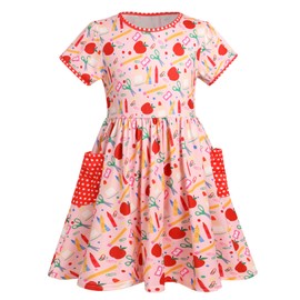 FYMNSI Toddler Little Girls Printed Dress with Pockets Baby Back to School Dress First Day of Kindergarten Outfit Short Sleeve Summer Casual Dress Kids Playwear Birthday Holiday Dress Pink 6-7T