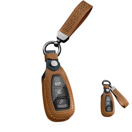 HIBEYO Leather Key Fob Cover for Ford Fiesta Focus 3 4 Mondeo Ecosport Kuga Focus ST with Keychains Car Key Case Accessories Smart Key Replacement-Brown, Brown, original