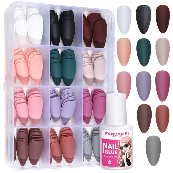 Press on Nails Medium Almond, FANDAMEI 12 Packs 288PCS Matte Acrylic Medium Almond Fake Nails Full Cover, Short Stiletto Glue on Nails with 10g Nail Glue, 12 Solid Color False Nails for Nail Art DIY