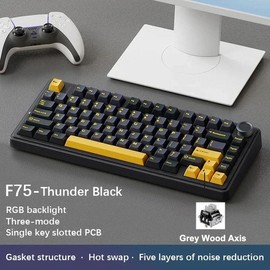 AULA F75 Wireless Keyboard Mechanical, Rechargeable 3 Mode Keyboard Gaming Keyboard, RGB Gasket Wireless Keyboard, Office Customized 75% Layout Gamer Keyboard, Gaming Room Supplies - Color: Black + Orange, Specification: Grey Wood Axis