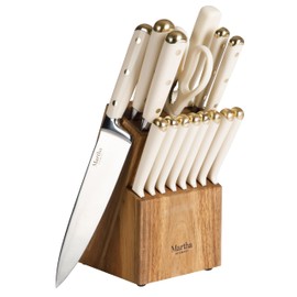 Martha Stewart 16 Piece Lockton High Carbon Stainless Steel Cutlery Kitchen Knife Block Set W/ABS Tripe Riveted Forged Handle Acacia Wood Block - Linen White W/Gold
