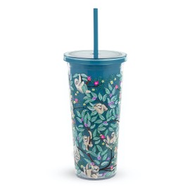 Vera Bradley Travel Tumbler with Lid and Straw, 24 Ounce Insulated Cup, Plastic Double Wall Tumbler, Hanging Around (Sloths)
