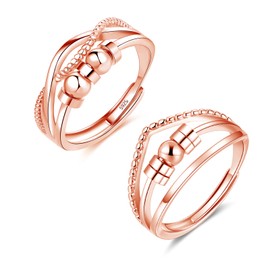 Glintara Anxiety Ring 925 Silver 2 Pieces 925 Sterling Silver Anti-Stress Ring Set, Open Adjustable Spinner Fidget Rings, Partner Rings Pair Rings Against Anxiety, Mood Ring with Beads for Women