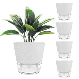 HYNZ 2024 Upgraded 5 Pack 6-Inch Self-Watering Planter Pots with Deep Reservoir for Indoor and Outdoor Plants with Planting Tools (Frosted White)