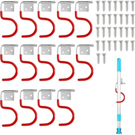 Garden Tool Holder Metal Hooks, Broom Holder Tool Holder, Garden Tool Holder for Garage Organiser Systems, Rubber Coating Garden Tools, with 30 Pieces Screws, 15 Pieces Tool Holder Red Hooks