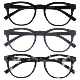 OPULIZE BLU Blue Light Blocking Reading Glasses for Women Men - 3 Pack - Cool Round Frame - Anti-Glare Computer and Gaming Eyewear - UV and Eyestrain Protection - Improve Sleep - Black Grey Tort +1.00