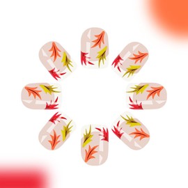 Acrylic Press on Nails Square Short Fake Nails with Leaves Designs White French Tip Nails Press ons Glossy Glue on Nails Fall False Nails Thanksgiving Stick on Nails for Women 24Pcs