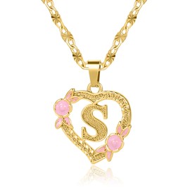 Qitian Initial Heart Necklace for Women Heart Gold Letter S Name Alphabet Pendant Necklace for women Gift