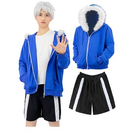 C-ZOFEK Men's US Size Anime Cosplay Blue Hoodie Jacket and Black Shorts (X-Small)