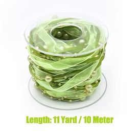 10M ArtificialBead Pearl Ribbon Chiffon Ribbon and Organza Lace Ribbon Trims for Wedding Flower Christmas Tree Decoration Sewing Craft Packaging (Green)