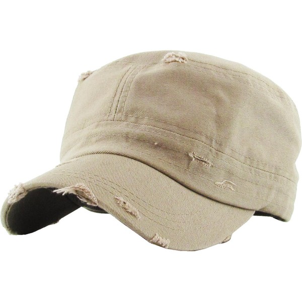 Distressed Womens Mens Vintage Military Style Army Cadet Hat - Khaki