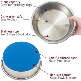 Leashboss Non-Slip Stainless Steel Dog Bowl with Rubber Base, Large 8 Cup / 64 Oz Size, Modern Brushed Interior & Exterior, Non-Skid Dish for Medium & Large Dogs (Blue, Single Bowl)